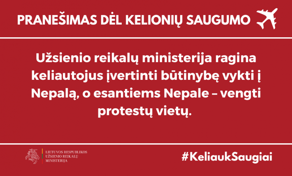 Rekomendacija dėl kelionių saugumo, išaugus įtampai Nepale