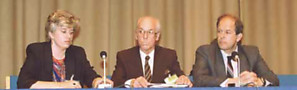 Lithuanian Ambassador Ginte Damusis moderates a 1990 press conference in Copenhagen with Estonian Lennart Meri, centre, and Lithuanian Algirdas Saudargas, both foreign ministers of the yet-unrecognized countries.